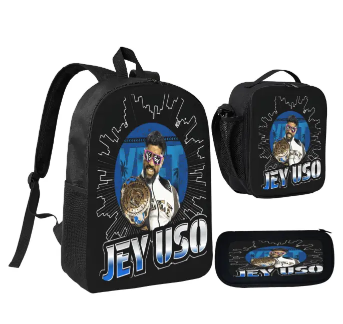 3 In 1 Jey Uso Wrestling Backpack Set, WWE Superstar Print School Backpack with Insulated Lunch Bag & Pencil Case, Large Capacity Back To School Bag for Teens Boys Wrestling Fans