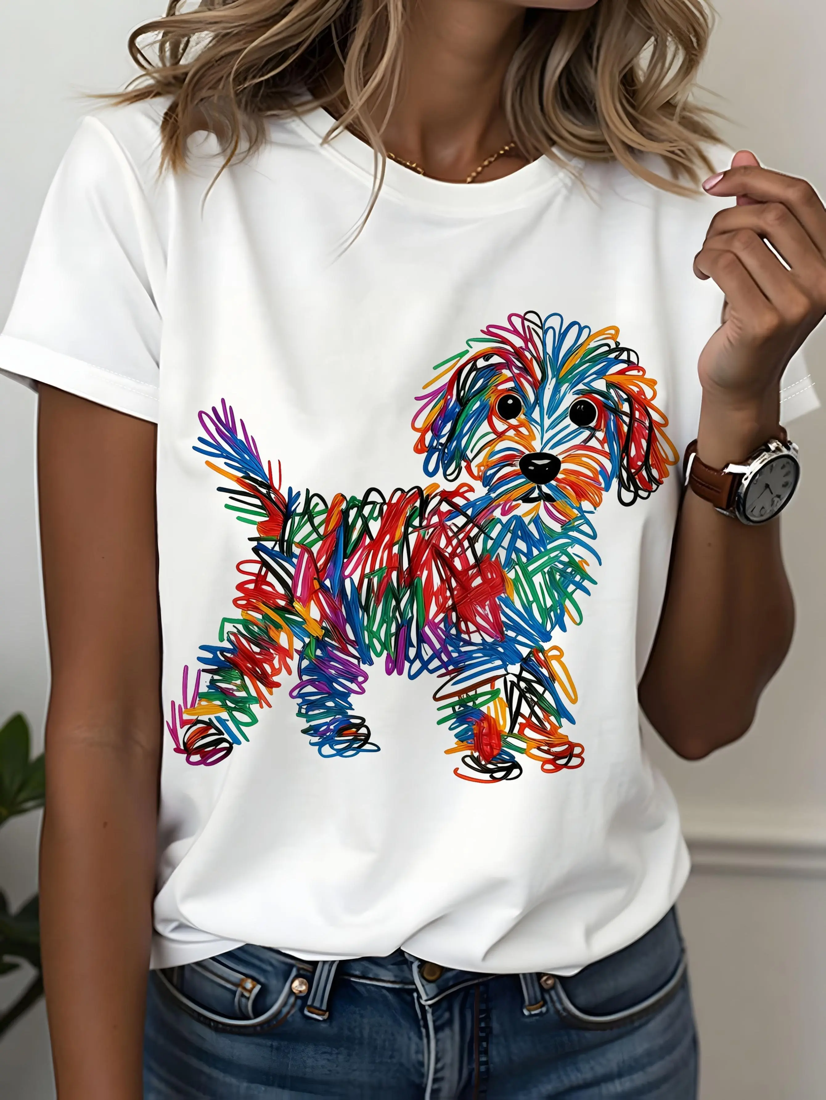 Colorful Scribble Goldendoodle Dog Graphic T-Shirt, Dog Lover Pet Casual Short Sleeve Tee