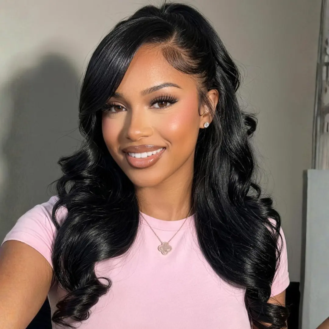 Salon Style At Home Sunber Affordable Pre-Styled 13x4 Body Wave Lace Frontal Wig with Side Bangs Layered Cut Wig-No-Fuss Glueless & Ready to Wear Beginner Friendly Pre Everything Natural Black Wig SummerTurnUp