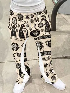Boho Style Tribal Penguin & Sun Print Bell Bottoms, Fitted Casual Long Pants for All Seasons, Geometric Pattern Fashion Chic, Casual Basic Trousers