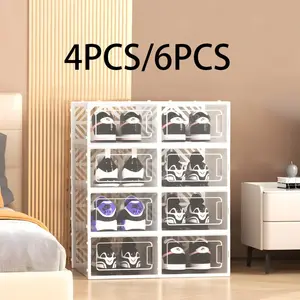 4pcs/6pcs Foldable Plastic Shoe Box, Stackable and Stable, Ideal for Student Dorms, Home Living Room, Entryway Shoe Storage