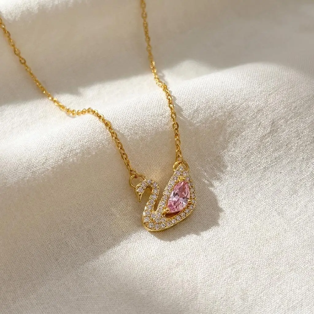 Dainty Gold Swan Necklace – Pink Crystal Pendant Gift for Her