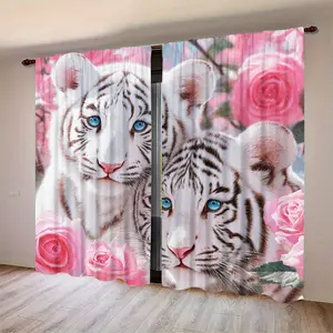 Cute Tiger and Rose Print Curtains, HD Digital Printing, Rod Pocket Installation, 100% Polyester, All-Seasons Decorative Drapes