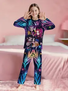 Fantasy Color Dimension Girls' Group 2-piece set: girls' digital printed, long-sleeve pajamas with long sleep pants, made of flame-retardant fabric, a comfortable and soft pajama set suitable for sleeping and home leisure, Cartoon Print Pajama