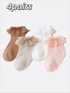 4 Pairs Girls' Summer Thin Mesh Breathable Lace Trim Princess Dance Socks, Comfortable Kids' Footwear for Active Playtime