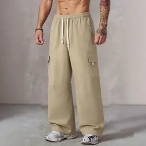 Men's Wide Leg Cargo Sweatpants with Multi Pockets, Elastic Waist Drawstring Relaxed Fit Athletic Pants, Breathable Lightweight Quick Dry Trousers for Gym Workout Running Daily Streetwear