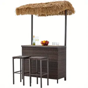 Outdoor Tiki Bar Set, 3 Pieces Wicker Patio Bar Set w/2 Height Stools, Storage Shelf, Canopy, Plastic Wood Tabletop for Backyard Poolside Garden, Brown