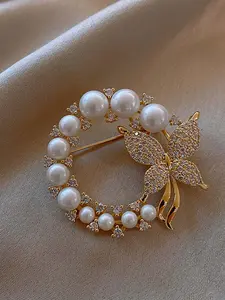 Elegant Faux Pearl & Rhinestone Decorated Butterfly Design Brooch Pin, Clothes Accessories for Women, Perfect Fashion Accessory for Fixed Clothes and Corsages, Bridal Jewellery, French Pin