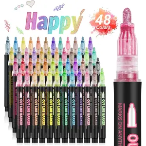 48 Colors Glitter Outline Marker Pen, 1 Set Double Line Outline Pen, Art Pen, DIY Graffiti Pen for Scrapbooking, Journaling, Gift Card Making