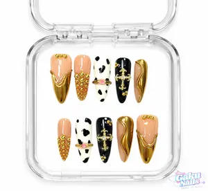 GakuNails SPOTTED DRIP 10 PCS Stilettos Handmade Press On Nails Builder Gel Enhanced Cow Print Bangle Gold Accent selectable size Reusable