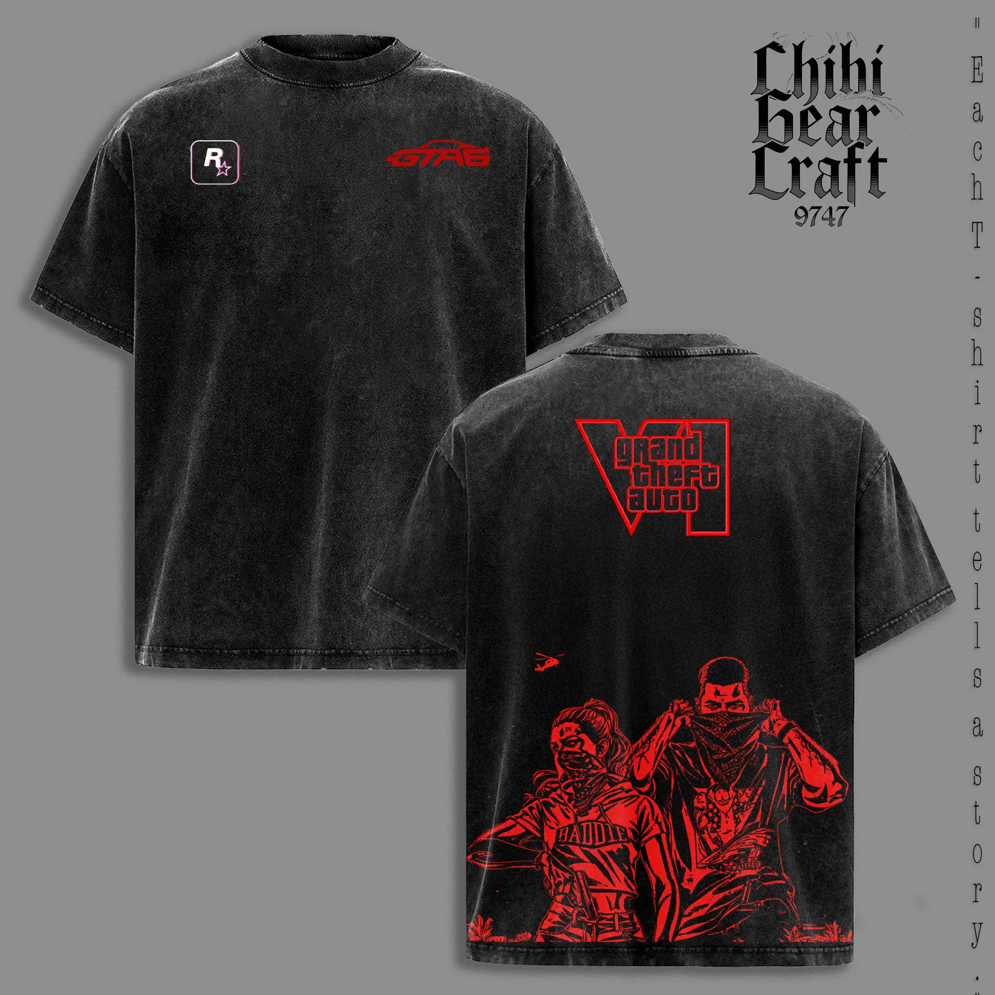 GTA 6 Lucia & Jason Vintage Washed T-Shirt | Grand Theft Auto VI Vice City Graphic Tee | Crime Action Game Oversized Cotton Streetwear Shirt | Unisex Gamer Gift
