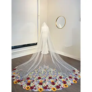Colorful 3D Flowers Unique Long Wedding Veil
