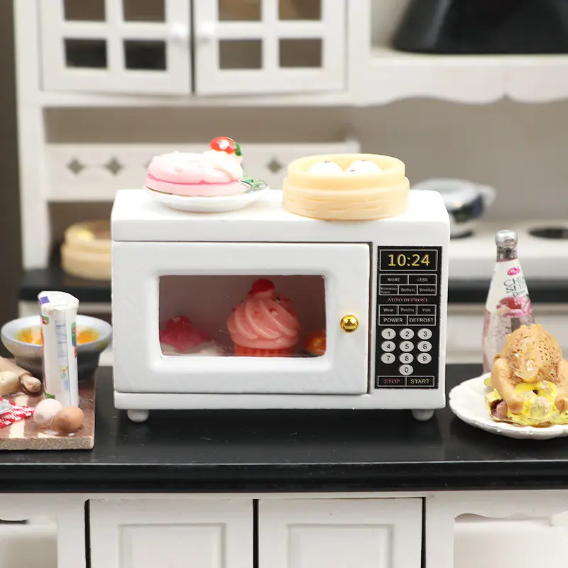 1:12 Dollhouse Doll House Furniture Wooden Mini Kitchen Micro Scene White Microwave Model Gold Handle Christmas Easter New Year Gift
