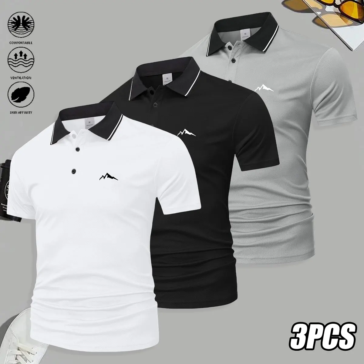 Men's 3-Piece Solid Color Polyester Polo Shirt Set, Short-Sleeve Outdoor Ready Tops with Peak Print, Suitable for Golf, Casual Wear, Summer Menswear, Multi-Size