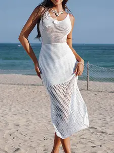 Elegant High Slit Adjustable Strap Crochet Flower Dress, Slim-Fitting Knitted Beach Cover-Up with Hollow Texture for Vacation Style Swimwear Cover Up