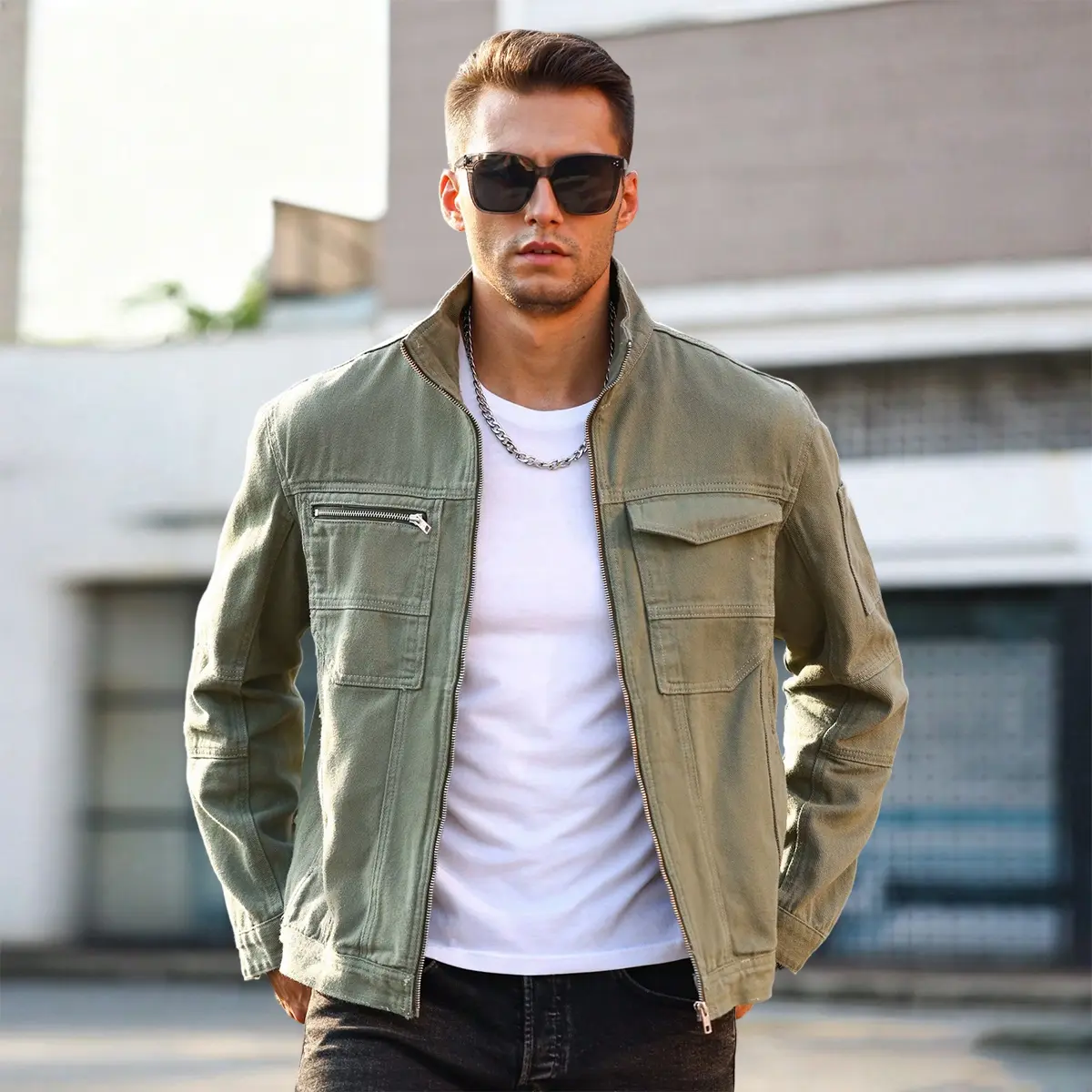 Purebeat Men's Plain Pure Cotton Vintage Classic Collared Zip-up Longsleeves Jacket - Menswear Tops, Multi-pockets Casual Pocket Outerwear, Field Work Coat for Spring, Autumn Daily Casual Outdoor Activities