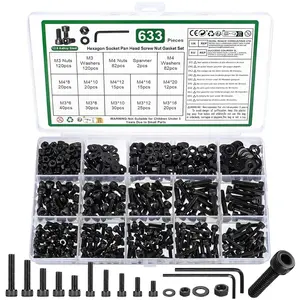 633 count M3 M4 Screws Set, Metric Bolt Assortment, Hex Socket  Cap  and Nuts and Washers Assortment Kit, Assorted Machine Screws Set(Black)