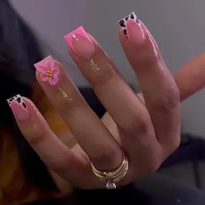 24pcs Sweet Cool Fake Nails, Nude French Leopard Print 3D Flower Gold Bead, Short Oval Shape Nails, 5-Minute Application, All-Scene Compatible