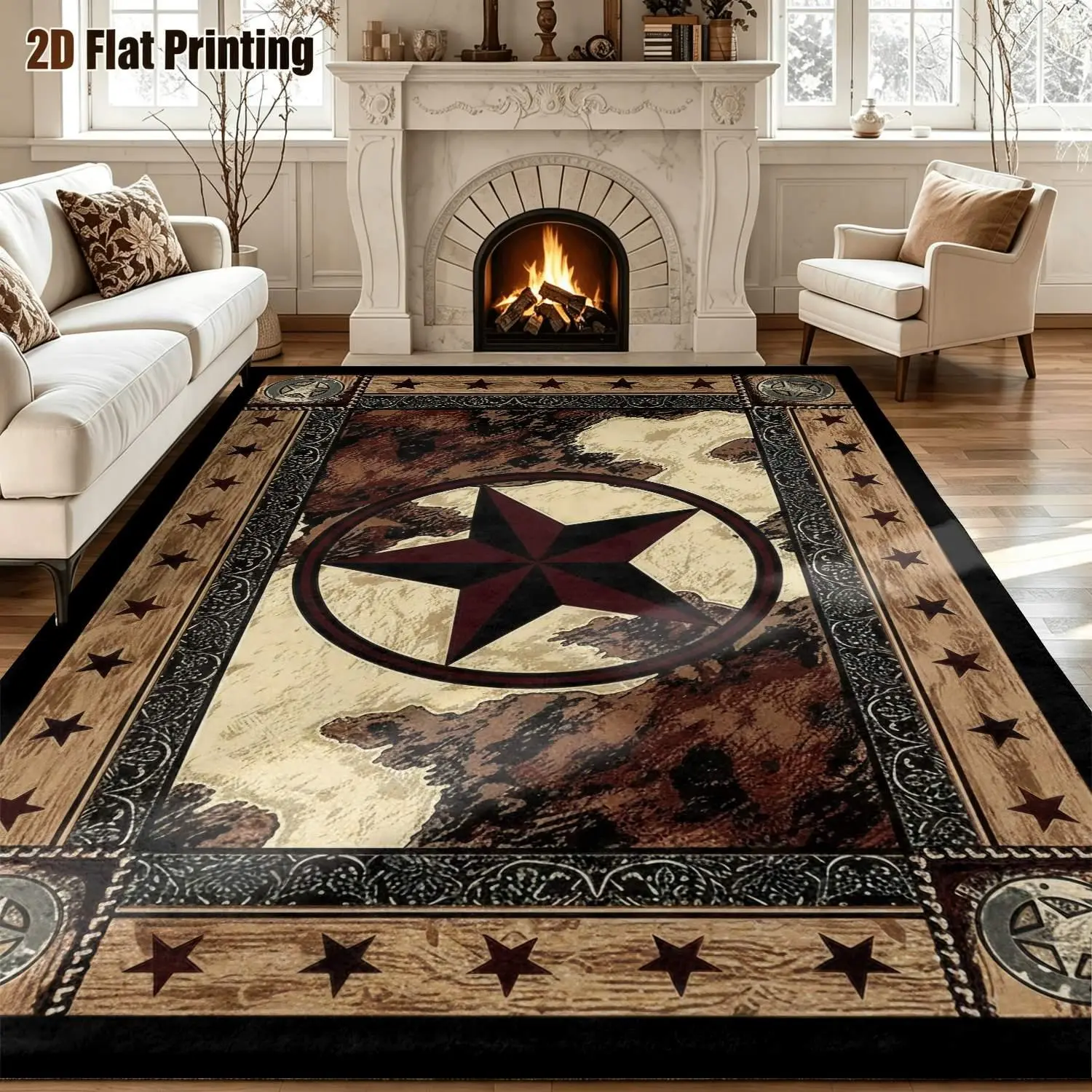 Large indoor area rug with soft velvet low pile, non-slip dotted backing, machine washable, rustic Western Texas star pattern in brown cream distressed finish, great for living room, bedroom, entryway, vintage cowboy home decor
