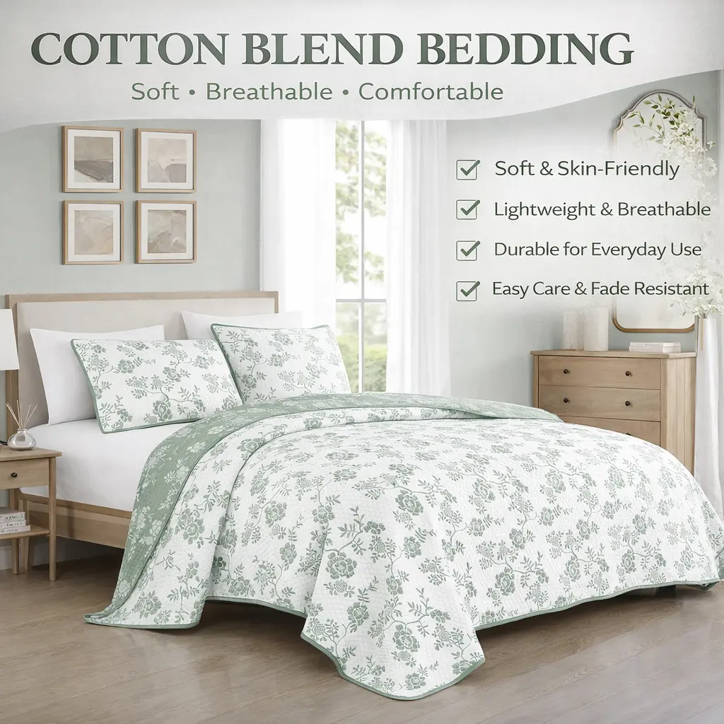 Queen/King 3-Piece Reversible Cotton Blend Decorative Bedding Set - Sage Green Floral Flower Quilt Set with 2 Pillow Shams, Soft Breathable Lightweight All-Season Coverlet