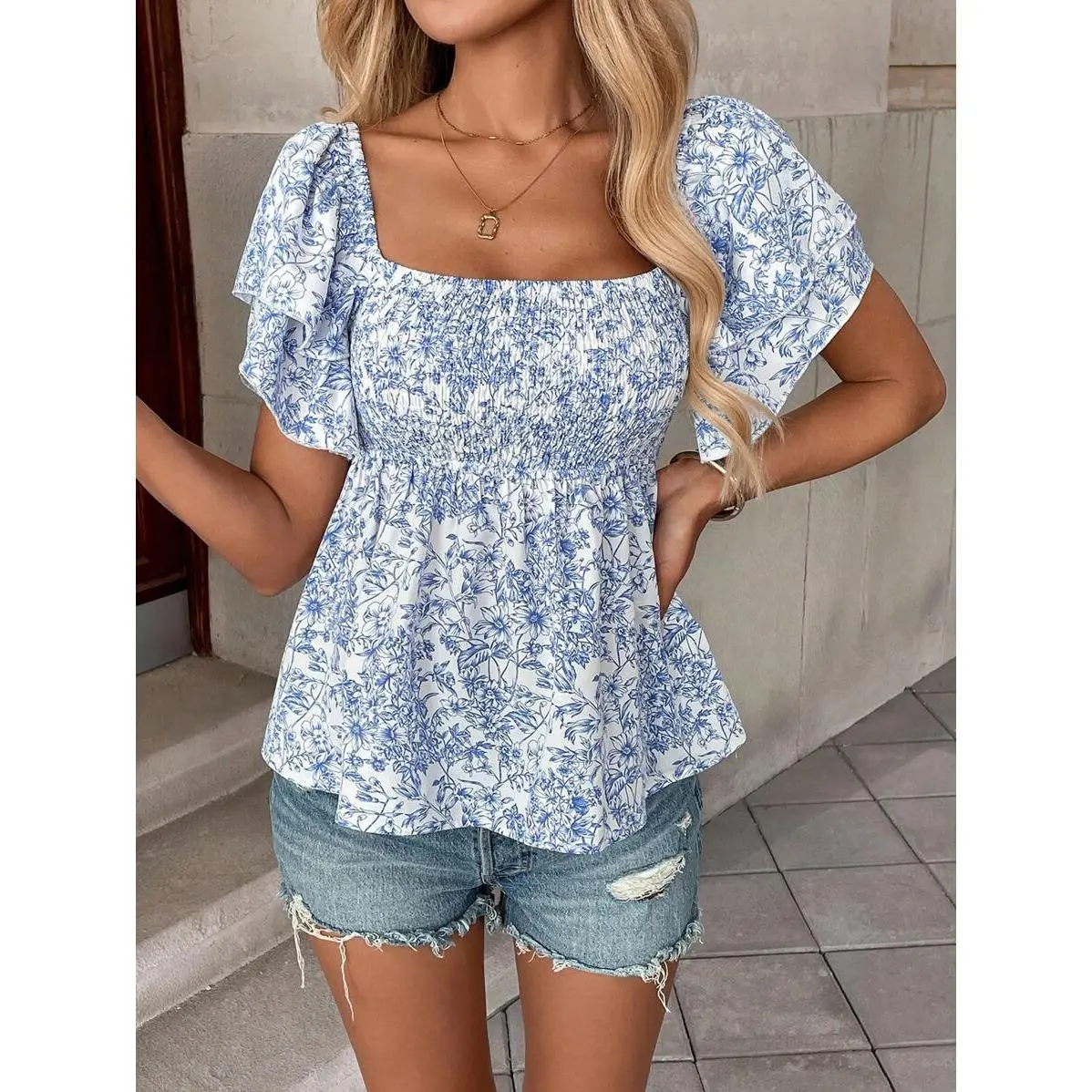 Pariaura Women's Floral Print Ruffle Hem Short Sleeve Vacation Fashion Blouse