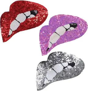 3 Pieces Large Mouth Patches Iron on or Sew on Lip Sequins Patches Embroidered Sequins Lips Punk Patches for Clothing Jeans T-Shirt DIY Motif Applique(Silver, Red, Purple)