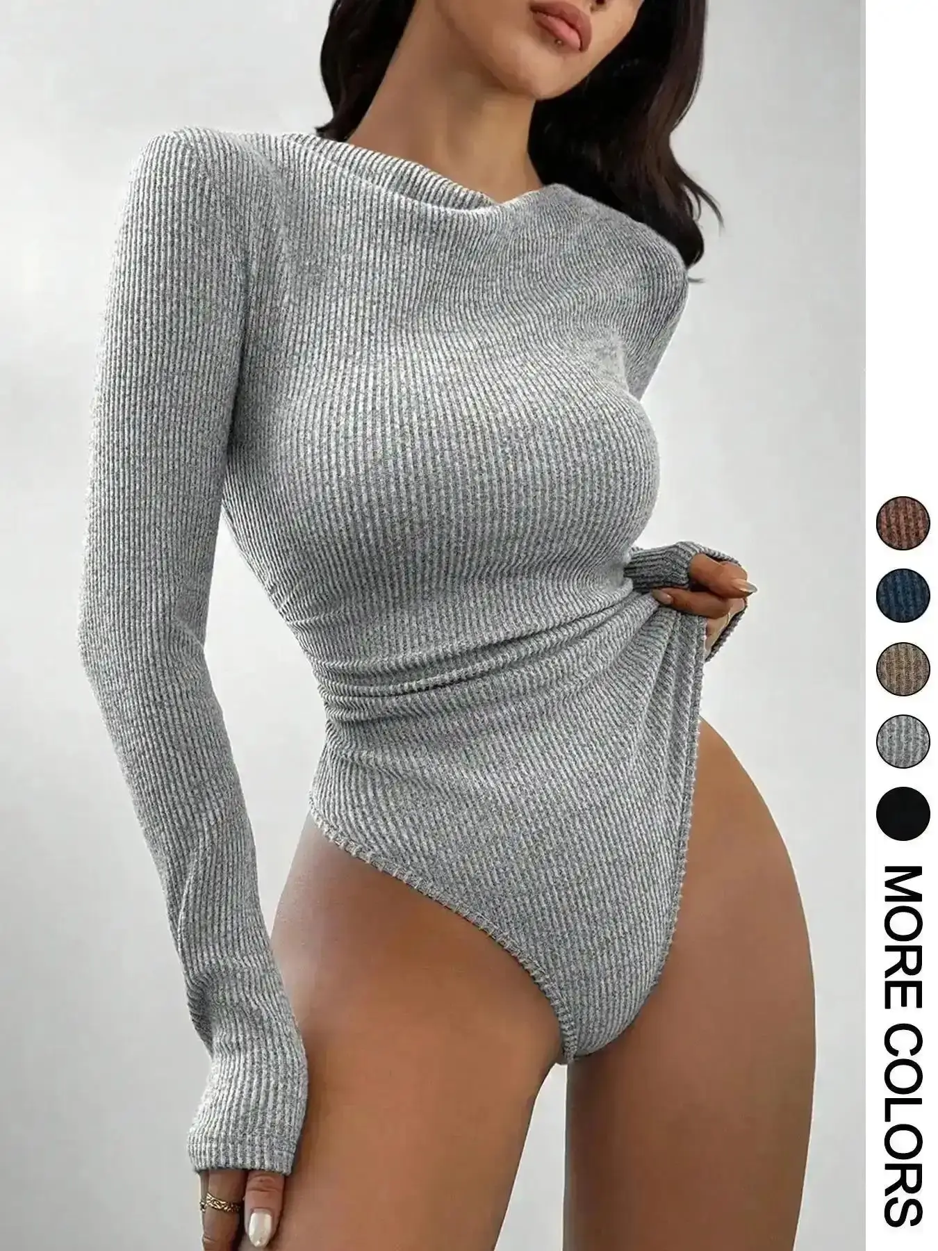 Fashion Women's Casual Top, Color Basic Minimalist Aesthetic Textured Knit Long Sleeve Bodysuit for Fall & Winter, Casual Sexy Slim-Fitting One-Piece, Medium Weight Fabric, Womenswear, Warm, Knitted Chic, Workplace
