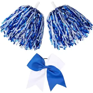 3 Pcs Cheerleading Pom Poms and Large Cheerleader Hair Bow Foil Pompoms for Team Cheering Squad Dance Rooters Accessories