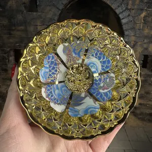 Handmade tea cup with gilded enamel dragon patterned petals
