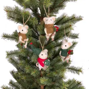 Set of 4 Felted Forager Mice Ornaments Natural Wool and Felt with Twine Ornament Loop Christmas Decor Xmas Animal Mini Decorations
