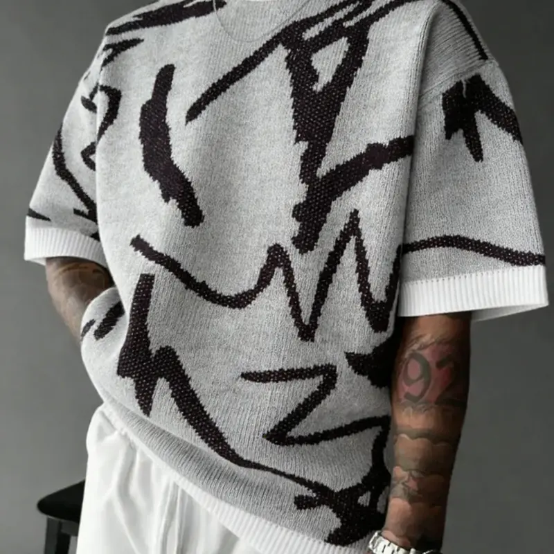 TikMen Geometric Striped Colorblock Knit Sweater, Beachwear, Men's Casual Fitted Soft Round Neck Short Sleeve Pullover, Women's Patchwork Short Sleeve Top, Knitwear