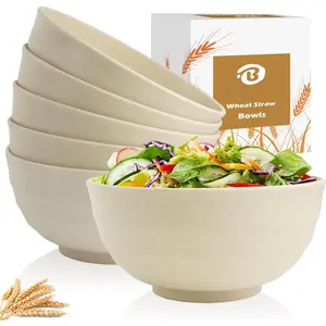 Wheat Straw Bowls 60 OZ Large Salad Bowl Set of 6, Microwave and Dishwasher Safe Plastic Serving Bowls, Unbreakable Kitchen Bowl, Big Bowls for Eating, Soup, Popcorn and Ramen (Beige)