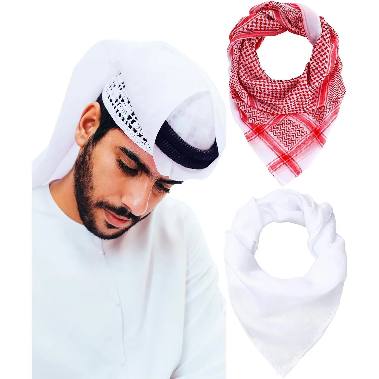 Synthetic Shemagh Scarf - 4.9oz/5.6oz, 55’’x55’’ Muslim Arab Headwear for Men - A-White Shemagh, Keffiyeh Turban Wrap for Saudi Dubai Style