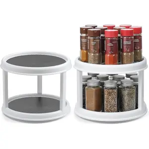 2 Pack 2 Tier 10" Turntable Lazy Susan Spice Organizer - Rotating Seasoning Rack Spinner for Kitchen Countertop and Table Top Organizing Plastic Silicone Hand