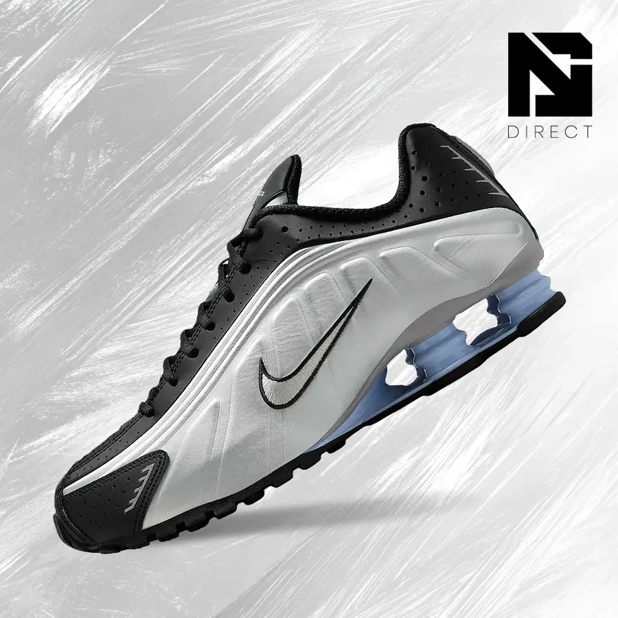 NIKE Shox R4 Men's Sneakers in Metallic Silver, Black & Psychic Blue, Vintage-Inspired Running Style with Shock-Absorbing Comfort for Back-to-School HQ1988 004