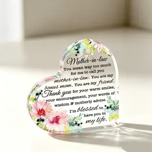 Premium "Mother-in-Law Bonus Mom" Heart Acrylic Plaque - Elegant Floral Appreciation Gift, Crystal Clear Minimalist Desk Art & Birthday Keepsake
