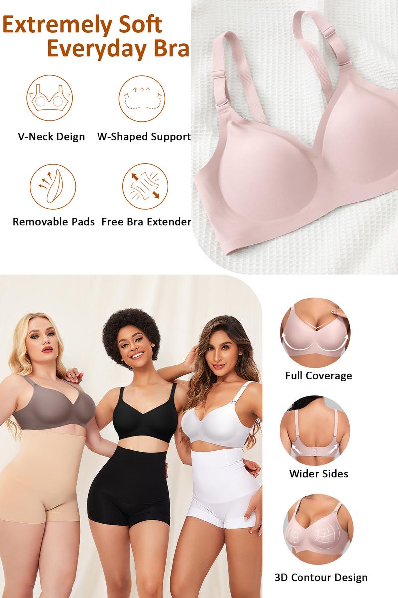 Werena Wireless Bras V-Neck Everyday Bras Seamless Full Coverage No Wire T-shirt Bras with Invisible Jelly Strip & Adjustable Straps for Women's Comfort