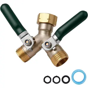Brass Garden Hose Splitter 2 Way Heavy Duty Adapter, Y Splitter with Shutoff Valve Outdoor Faucet Splitter, 3/4 Inch GHT Thread Connection and Extended Handle Double Hose Bib Splitter