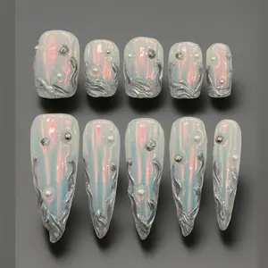 [Silver Aurora]Diamonds Sparkle Gold-Plated Double-Layer Embossed Cat-Eye Gradient Advanced Handmade Press on Nails Nail Art Sassy Stunning Elegant Luxurious Iridescent Glitter Butterfly fake nails nail stickers nail charms