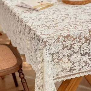 French Romantic Lace Embroidered Tablecloth, Hollow Retro European Country Style Garden Tea Table Cover