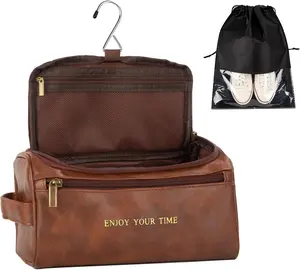 Mens Toiletry Travel Bag Groomsmen Father Dad Leather Toiletries Grooming Bag for Men Shaving Bag Hanging Water Resistant Organizer (Brown- Enjoy Your Time)