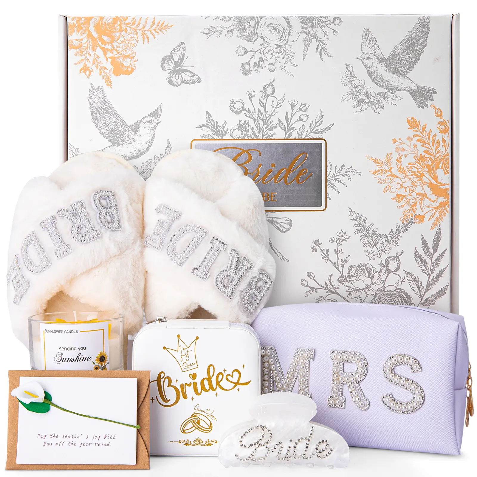 Biching Bridal Shower Gifts for Bride to Be - 7PCS Gift Set with Bride Slippers, Mrs Jewelry Box, Bride Hair Clip, Scented Candle, Cosmetic Bag, Greeting Card with Gift Box for Wedding Engagement Bachelorette