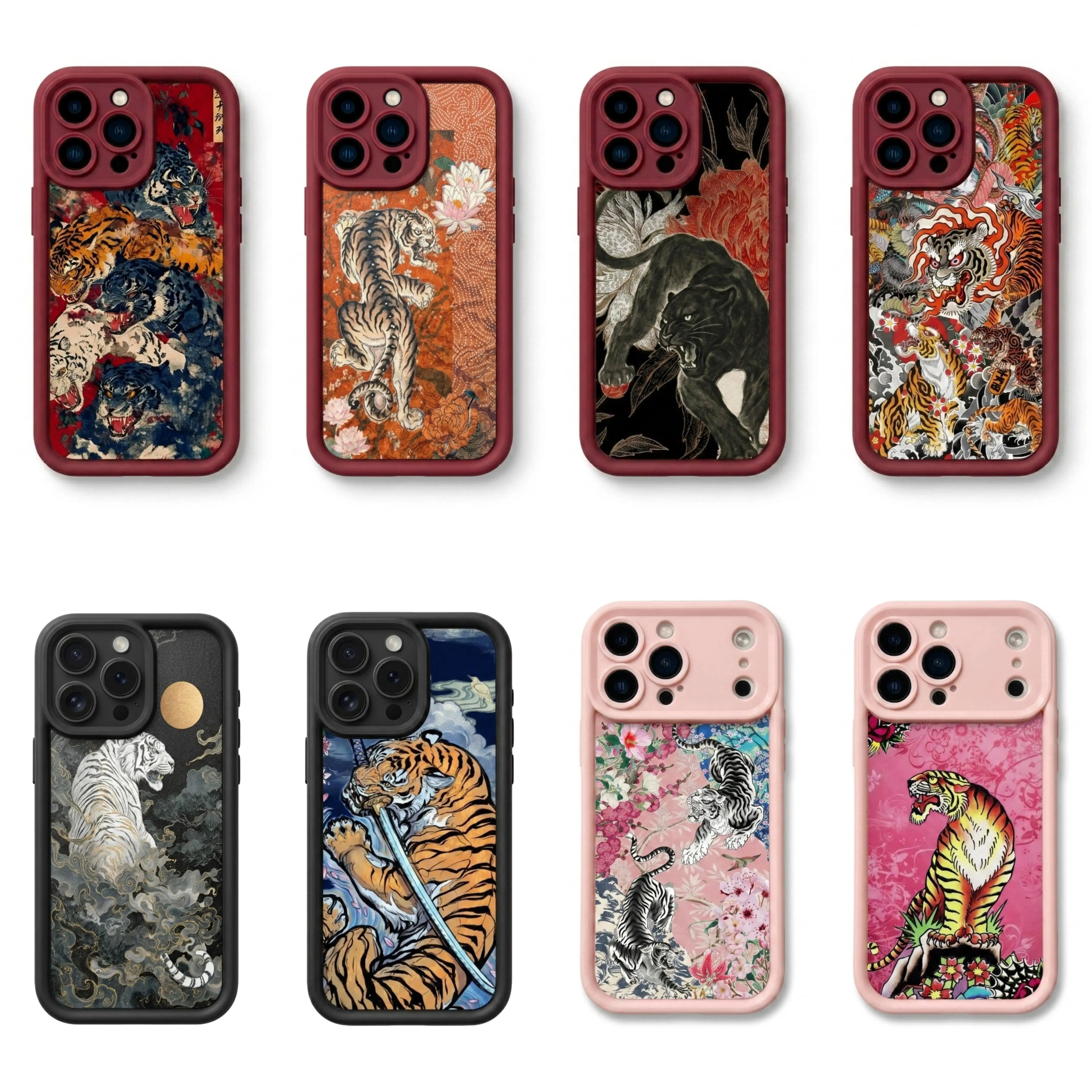WIN Vintage Chinese Tigers Phone Case, Cute Tiger Collage, Japanese Traditional Art Print Big Cat Case for iPhone 17 16 15 14 13 12 11 Pro Max