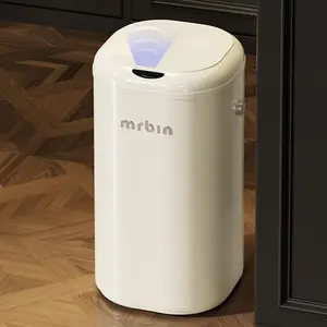 MRBIN Metal Automatic Tall Kitchen Trash Can with Lid, 18L / 4.8gal Slim Motion Sensor Waste Basket, Touchless Electric Garbage Bin for Office and Bathroom, Cream White