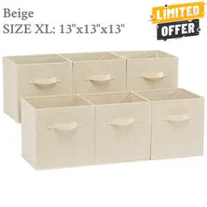6x Collapsible Fabric Storage Cubes Organizer with Handles, 13"x13"x13" Collapsible storage bins Fabric storage cubes organizer Foldable boxes Set 13