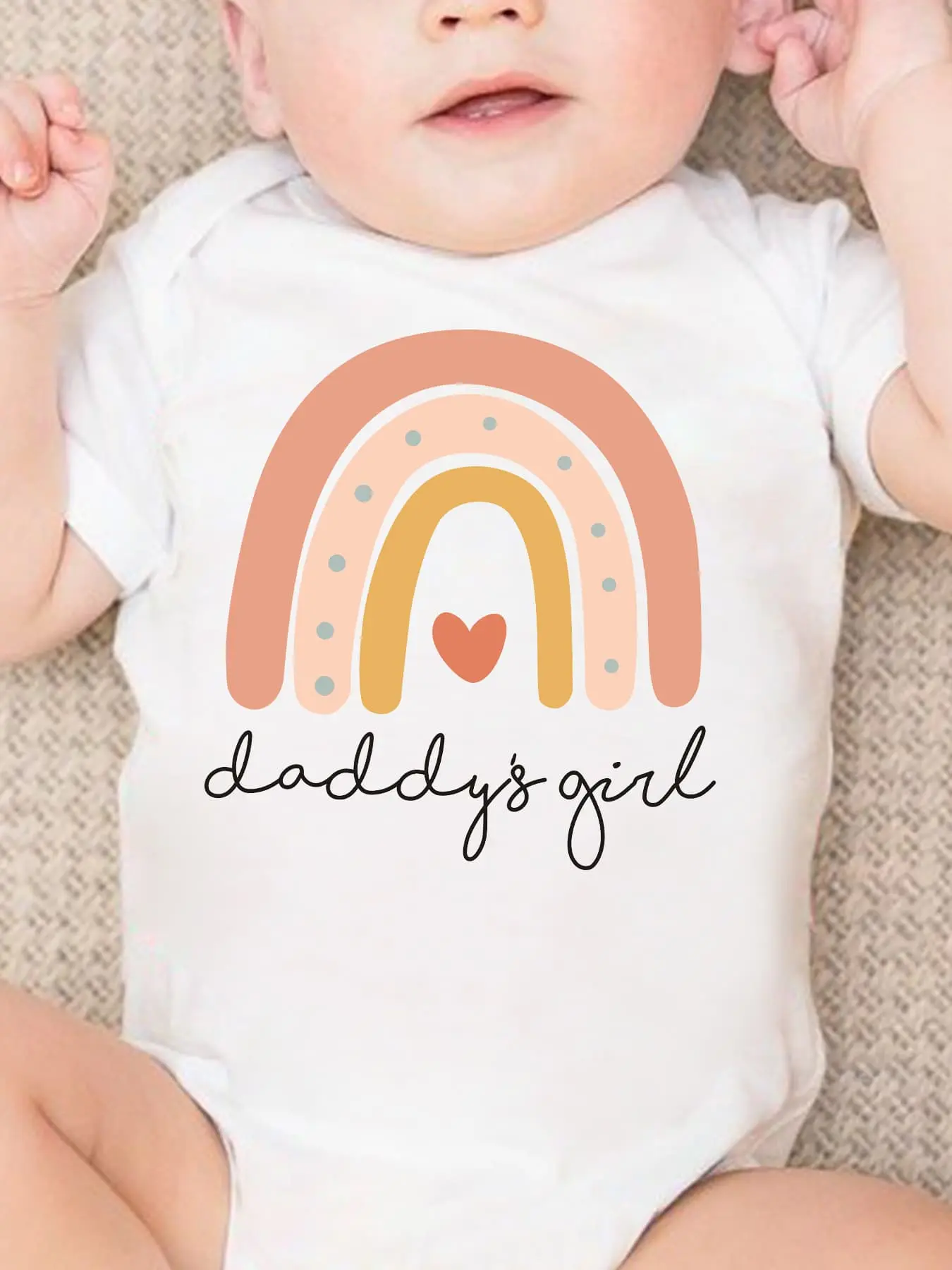Short‑Sleeve Baby Girl Bodysuit, Boho Rainbow Heart Daddy's Girl Print Soft Cotton Cute Newborn Infant Onesie