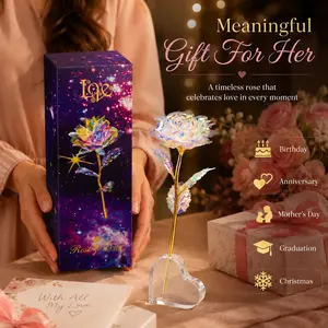 Artificial Galaxy Rose Flower Gift Eternity Iridescent Fake Flower with Heart Shaped Crystal Holder for Wife Mom Daughter Sister Birthday Anniversary Wedding
