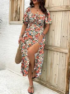 Women's Floral Dress, Casual Mid-Length Waist Cinch Design, Front Tie, High Slit, Spring Summer, Small Flower Pattern, Bohemian Style, Boho, Womenswear