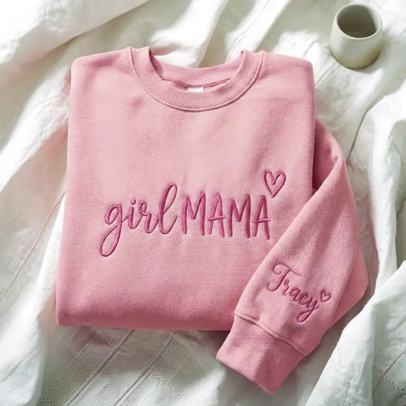 Embroidered Custom Girl Mama Sweatshirt, Custom Mom of Girls Clothing, Baby Announcement Gift, New Mom Shirt, Mom Birthday Gift