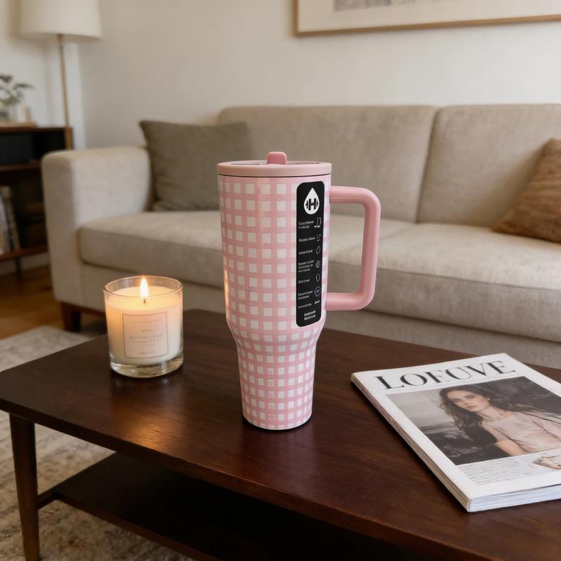 HydroJug 40oz Pink & White Plaid Insulated Water Bottle, Large Capacity Leak-Proof Travel Mug, Portable Thermal Cup for Car, Office, Sports & Outdoor Use spout handle Tumbler Personalized